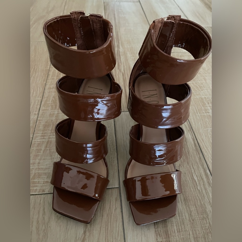 Cognac Patent Liana Strappy Square-Toe Heels